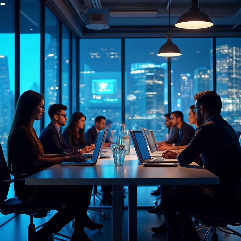 Equipo de expertos en criptomonedas trabajando en oficina argentina